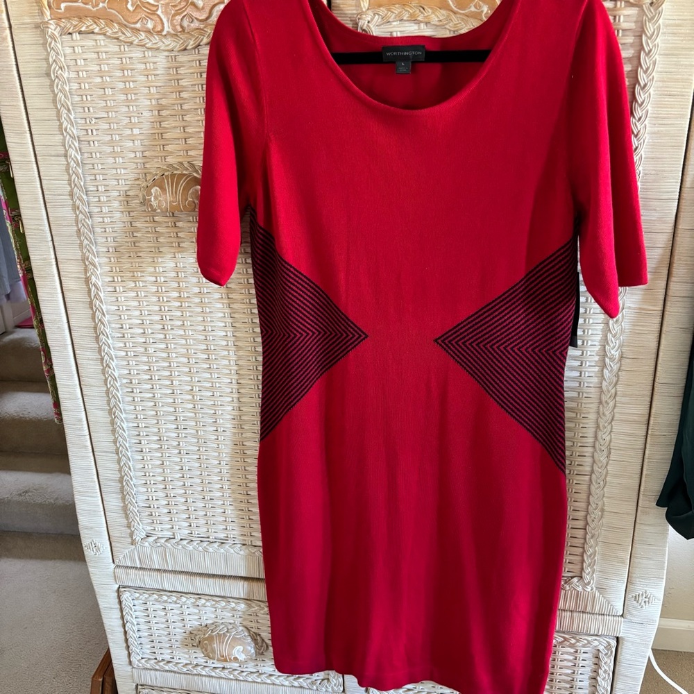 NEW Worthington Red Knit Pull on Dress with Black Geometric Design